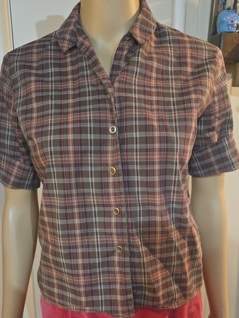 1960s Vintage Bobbie Brooks Brown and Pink Plaid Short Sleeve Button-Down Shirt